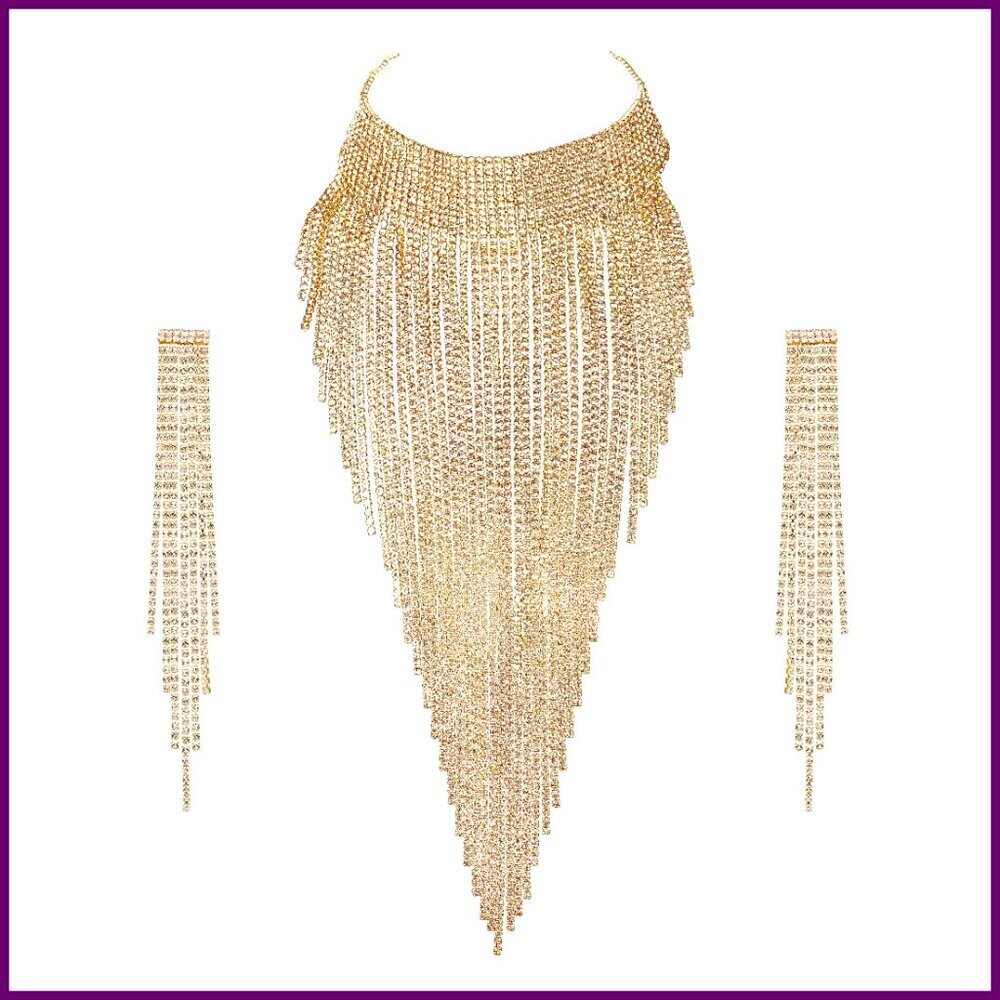 Sparkly Rhinestone Statement Jewelry Set, Adjustable Tassel Necklace with
